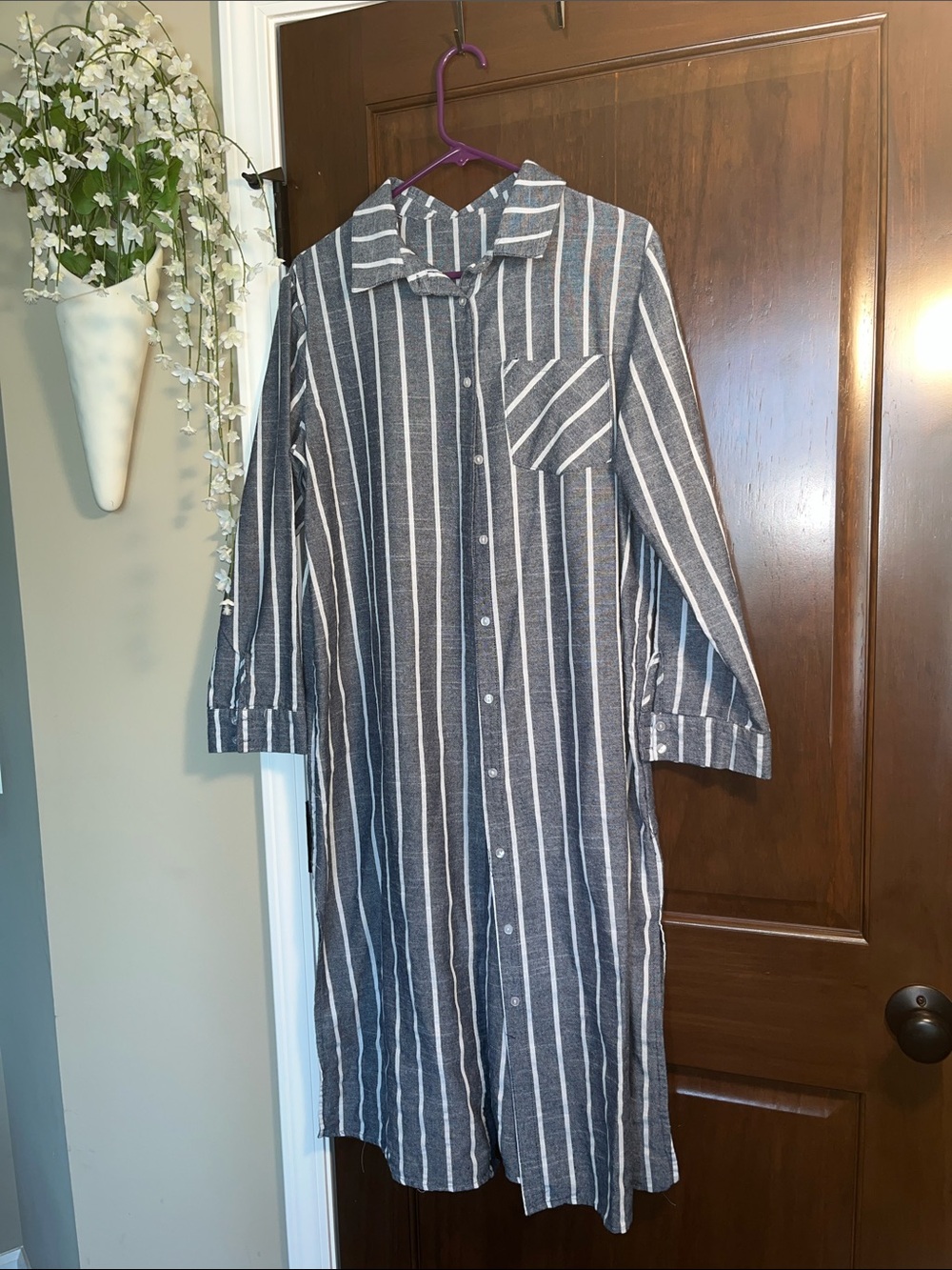 Source Unknown Gray and White Vertical Stripe Swim Coverup Shirt Dress